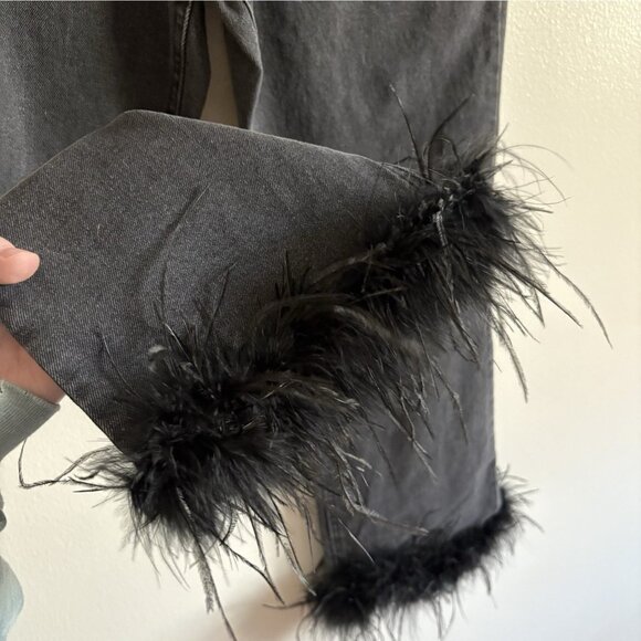 Forever 21 Womn 28 Washed Black Faux Feather Trim High Rise Flare Ankle Jean NWT - Picture 4 of 15